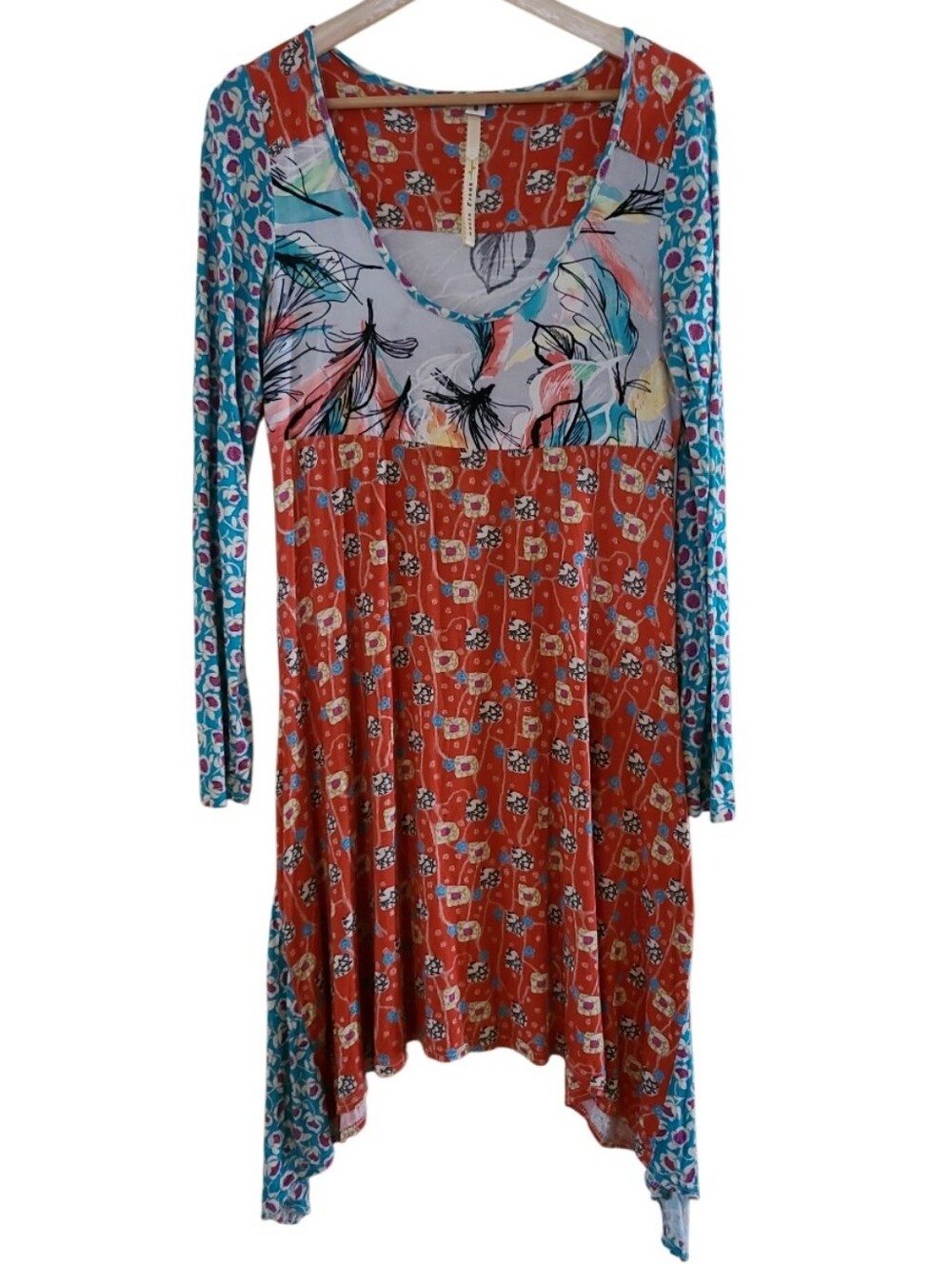 Uncle Frank Patchwork Multicolor and Pattern Dress Red Blue Longsleeve Boho